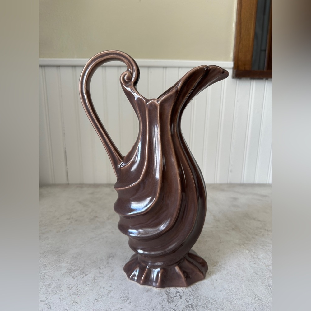 MCM Red Wing Pottery Vase #819 Brown Ewer Water Pitcher 12" Art Deco Wave Design